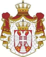 Biały orzeł o dwóch głowach na czerwonej tarczy z serbskim krzyżem Godło Serbii